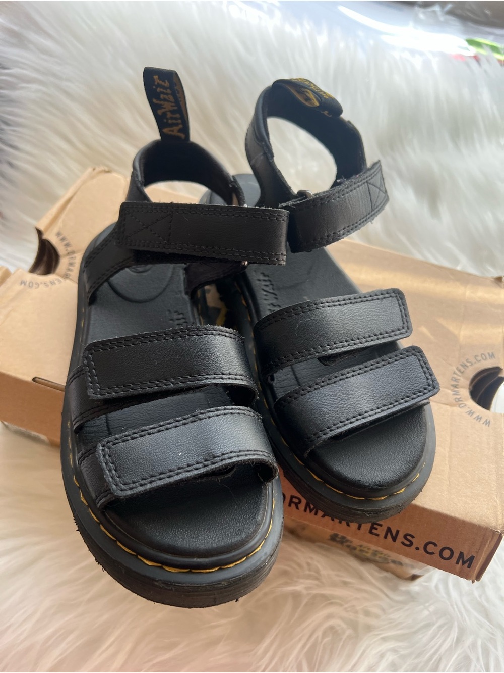 Dr. Martens Kids Black Triple-Strap Vegan Sandals with Yellow Stitching
